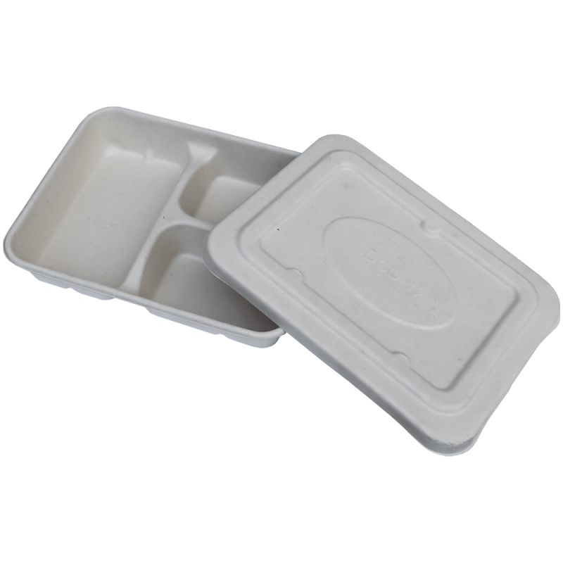 Set 50 caserole bio din carton, albe, cu 3 compartimente si capac separat